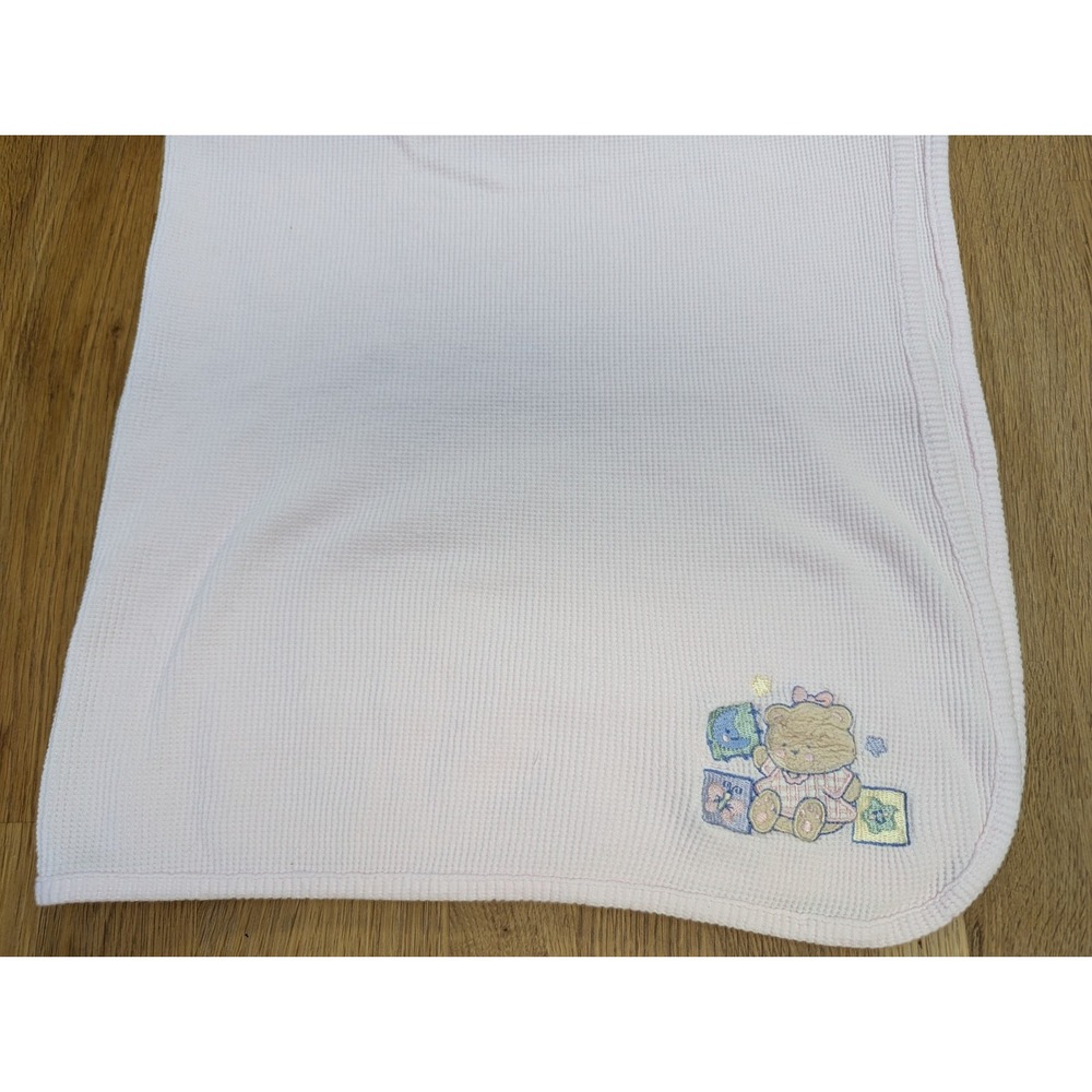 Just Born Pink thermal baby receiving blanket waffle weave teddy bear blocks